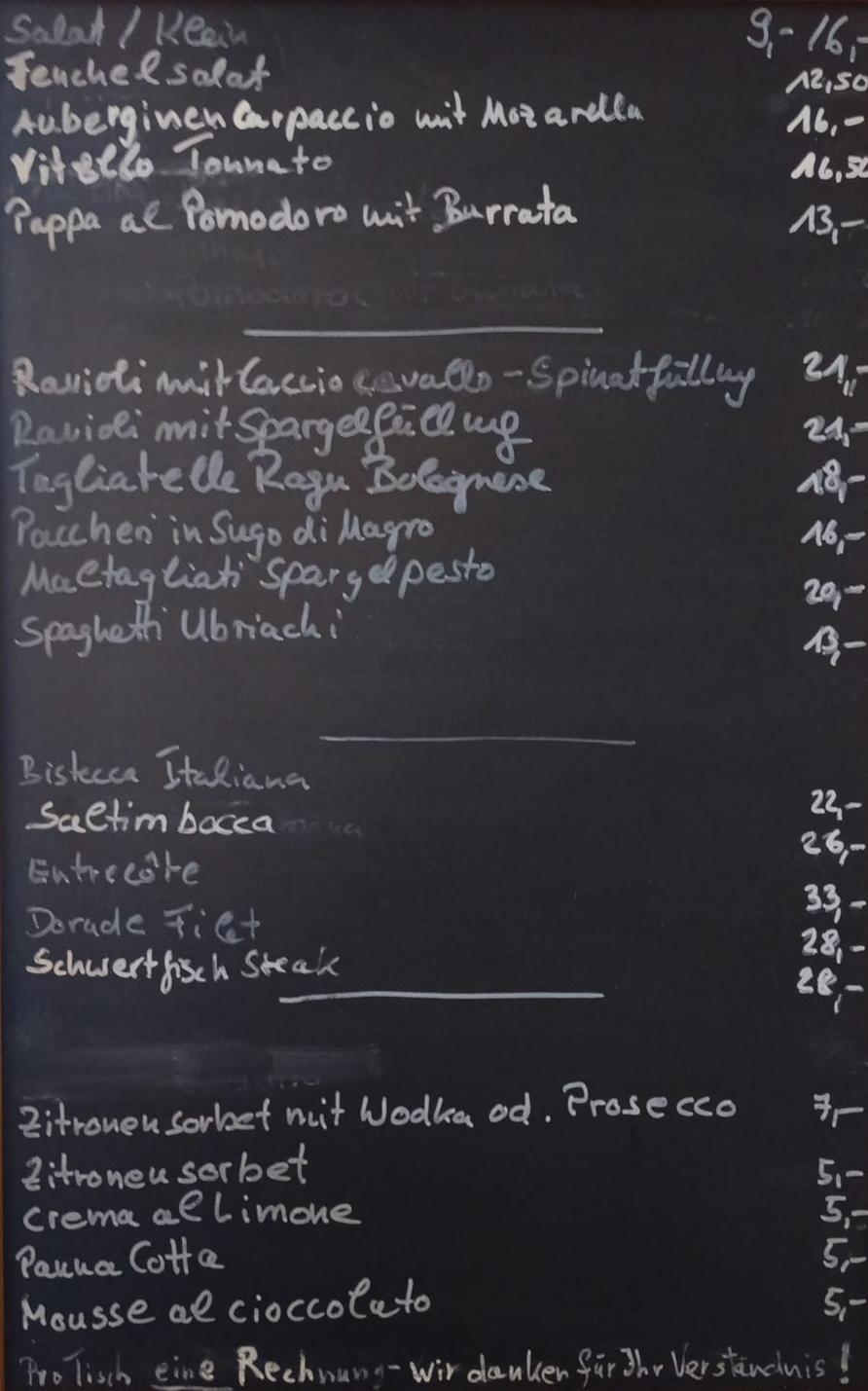 Aktuelle Tageskarte der Osteria Carlin Contrario